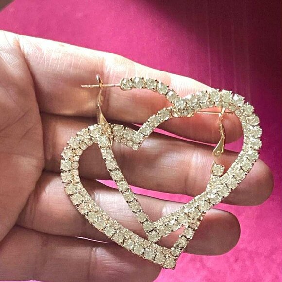 Brand New Golden Heart Earrings with Faux Crystals Size 2X2 inches - Picture 3 of 3
